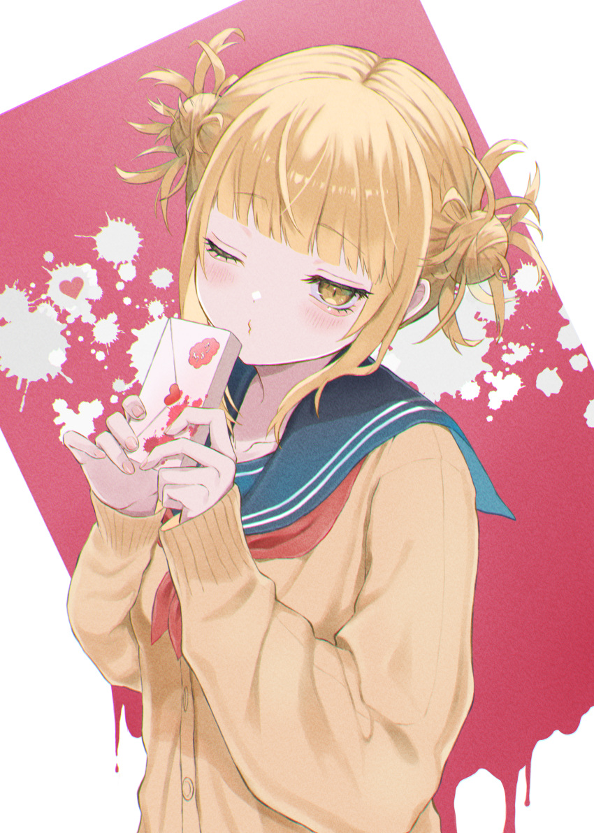 1girl absurdres blonde_hair blowing_kiss blush boku_no_hero_academia box collarbone colored_skin eyebrows_visible_through_hair gift gift_box hair_bun heart highres kiina_(mrnsor) looking_at_viewer messy_hair one_eye_closed red_background simple_background solo solo_focus toga_himiko valentine white_skin