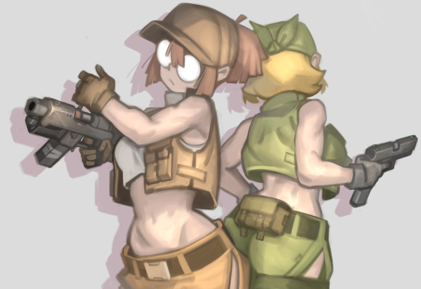 2girls back bandana baseball_cap belt belt_buckle blonde_hair breasts brown_hair brown_headwear brown_shorts brown_vest buckle english_commentary extended_magazine fanny_pack finger_on_trigger fio_germi glasses green_headwear green_shorts green_vest gun hair_tubes handgun hat highres hip_vent holding holding_gun holding_weapon kasamoto_eri kelvin_hiu large_breasts machine_pistol medium_breasts metal_slug midriff military multiple_girls opaque_glasses open_clothes open_vest pistol round_eyewear serious short_hair shorts sleeveless stomach vest weapon