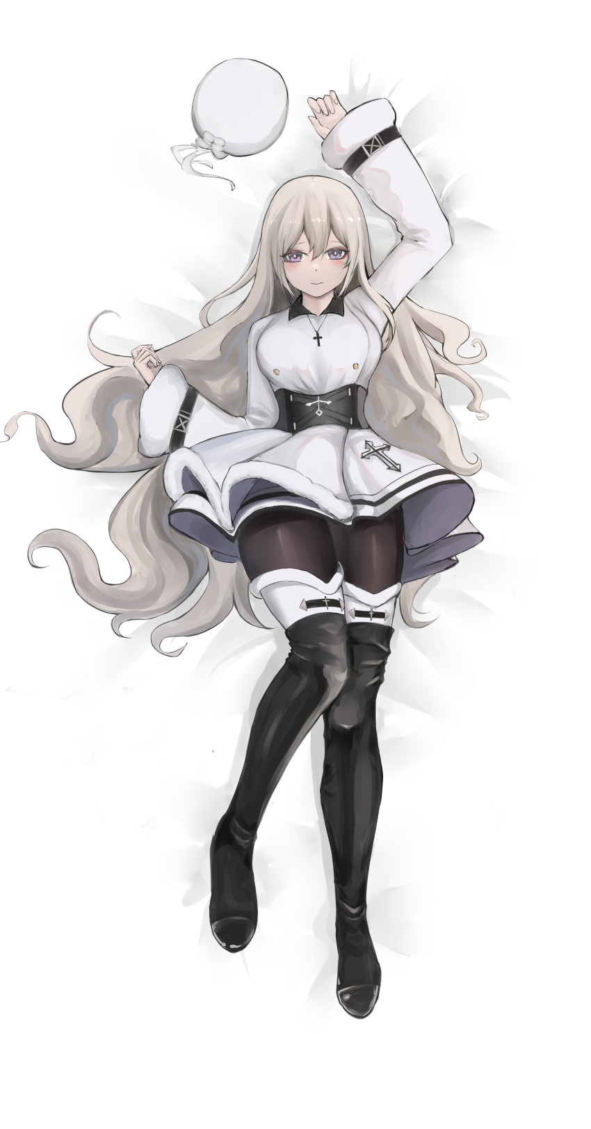 1girl absurdres azur_lane black_footwear black_legwear blue_eyes blush boots breasts closed_mouth coat cross cross_necklace dress eyebrows_visible_through_hair fur-trimmed_coat fur-trimmed_dress fur_trim highres jewelry knee_boots long_hair looking_at_viewer lying murmansk_(azur_lane) necklace on_back pantyhose platinum_blonde_hair smile solo thigh-highs thigh_boots violet_eyes white_coat white_dress winter_clothes yog_(1598125441)