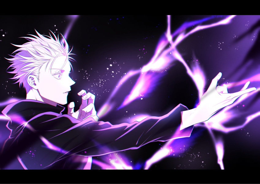 1boy black_border black_jacket border closed_mouth electricity enenito_ju gojou_satoru hands_up high_collar highres jacket jujutsu_kaisen letterboxed light_particles long_sleeves looking_away magic male_focus profile short_hair solo upper_body white_hair