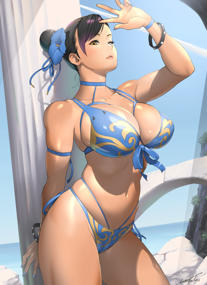 1girl bare_shoulders bikini bracelet breasts chun-li flower hair_bun hair_ornament highres jewelry kotoyoshi_yumisuke large_breasts lips muscular muscular_female navel one_eye_closed outdoors parted_lips solo solo_focus stomach street_fighter swimsuit thick_thighs thighs yellow_eyes