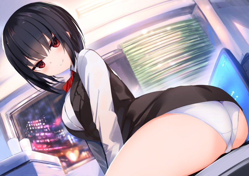 1girl absurdres amamitsu_kousuke arms_between_legs ass bangs black_hair black_skirt black_vest blinds building business_suit city closed_mouth collared_shirt cup desk eyebrows_visible_through_hair fisheye formal heart highres indoors looking_at_viewer monitor night non-web_source office_lady on_desk original panties red_eyes red_neckwear shirt sitting sitting_on_desk skirt smile solo suit thighs underwear vest white_panties white_shirt window