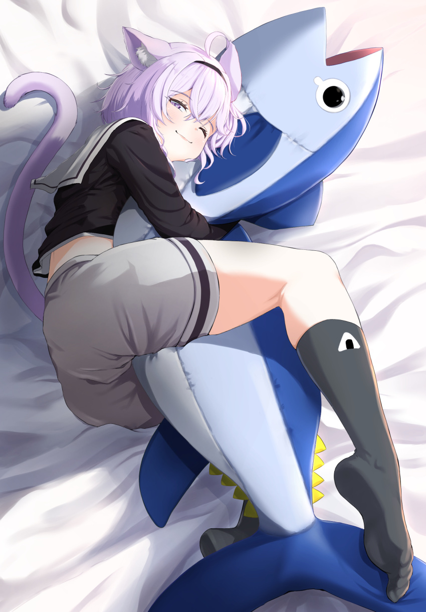 1girl absurdres ahoge animal_ears animal_pillow bed black_blouse black_legwear blouse cat_ears cat_girl closed_mouth commentary_request feet full_body hairband highres hololive long_sleeves looking_at_viewer lying nekomata_okayu no_shoes on_bed on_side one_eye_closed onigiri_print pillow pillow_hug purple_hair sailor_collar short_hair shorts smile socks solo stuffed_tuna tuna uetaku violet_eyes virtual_youtuber