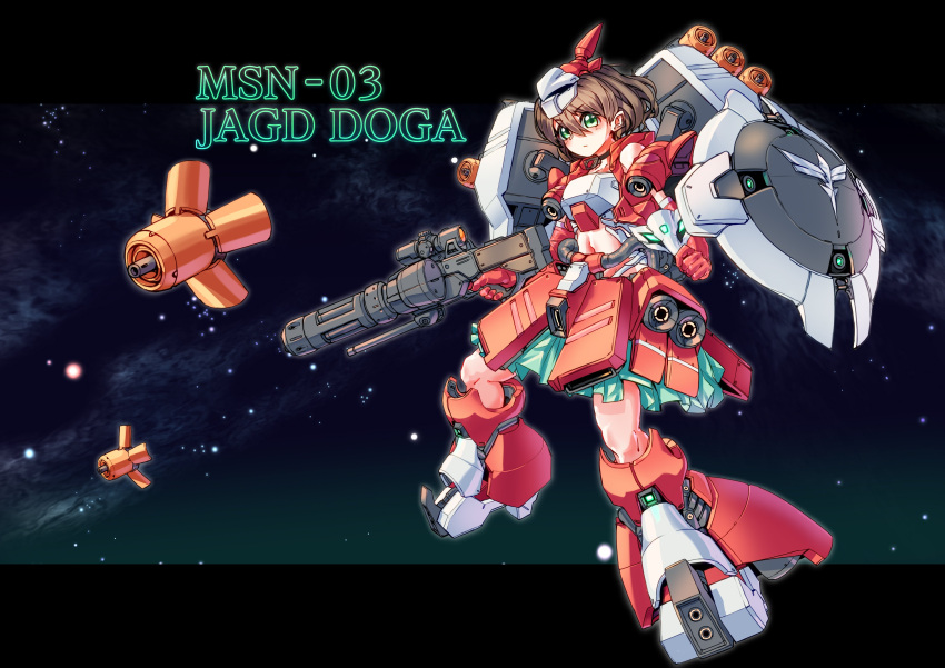 1girl absurdres ag_00000 char's_counterattack character_name clenched_hand clothing_cutout eyebrows_visible_through_hair funnels green_eyes green_skirt gun gundam hair_behind_ear highres holding holding_gun holding_mask holding_weapon jagd_doga_quess_custom mask mask_on_head mecha_musume midriff navel personification science_fiction shield short_hair skirt solo space stomach_cutout v-shaped_eyebrows weapon