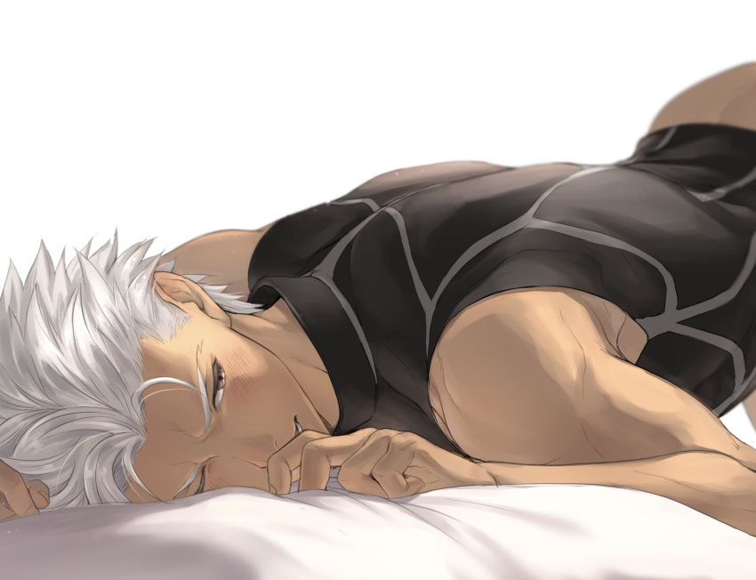 1boy archer bare_arms bed_sheet black_bodysuit blush bodysuit commentary_request dark_skin dark_skinned_male fate/stay_night fate_(series) grey_hair half-closed_eye highres lying male_focus mondi_hl muscular on_stomach one_eye_closed parted_lips short_hair solo toned toned_male white_background