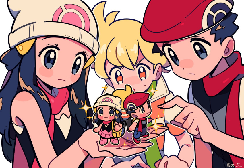 2girls 4boys bangs barry_(pokemon) beanie black_hair blonde_hair blush blush_stickers chibi chueog hikari_(pokemon) eyelashes green_scarf grey_eyes hair_ornament hairclip hat holding long_hair lucas_(pokemon) multiple_boys multiple_girls nose_blush orange_eyes pokemon pokemon_(game) pokemon_bdsp pokemon_dppt red_scarf scarf short_hair short_sleeves simple_background sparkle spiky_hair sweatdrop white_background white_headwear