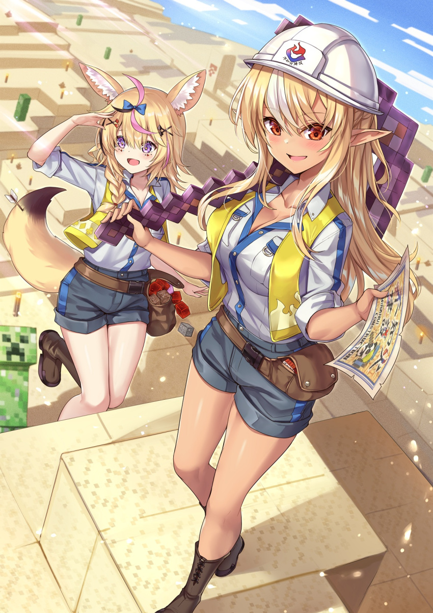 1other 2girls animal_ear_fluff animal_ears arrow_(projectile) black_hair blonde_hair blue_bow blue_sky blush boots bow braid breasts brown_footwear cactus collarbone collared_shirt creeper desert eyebrows_visible_through_hair hair_bow hair_ornament hairclip hand_on_own_head hardhat helmet highres holding holding_map holding_pickaxe hololive ks_(xephyrks) long_hair map medium_breasts minecraft multicolored_hair multiple_girls omaru_polka open_mouth orange_eyes outdoors pickaxe pointy_ears shiranui_flare shirt short_shorts shorts sky smile streaked_hair tail tnt vest violet_eyes white_hair white_headwear white_shirt yellow_vest