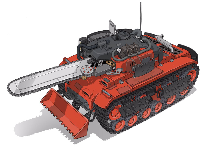 cable caterpillar_tracks chainsaw from_above gatling_san_tohei ground_vehicle highres military military_vehicle motor_vehicle no_humans original radio_antenna solo spikes tank tank_focus vehicle_focus white_background