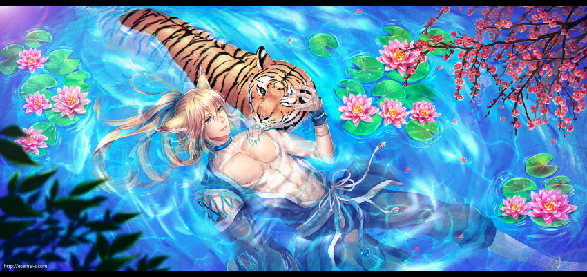 1boy abs animal animal_ears anklet bandaged_fingers bandages barefoot blonde_hair blue_choker blue_eyes blue_ribbon choker day english_commentary floating flower green_eyes hair_ribbon highres jewelry letterboxed lily_pad long_hair lotus male_focus muscular muscular_male one_eye_closed original partially_submerged pectorals petals petting ponytail ribbon rope_belt smile ten-chan_(eternal_s) tiger tiger_ears water