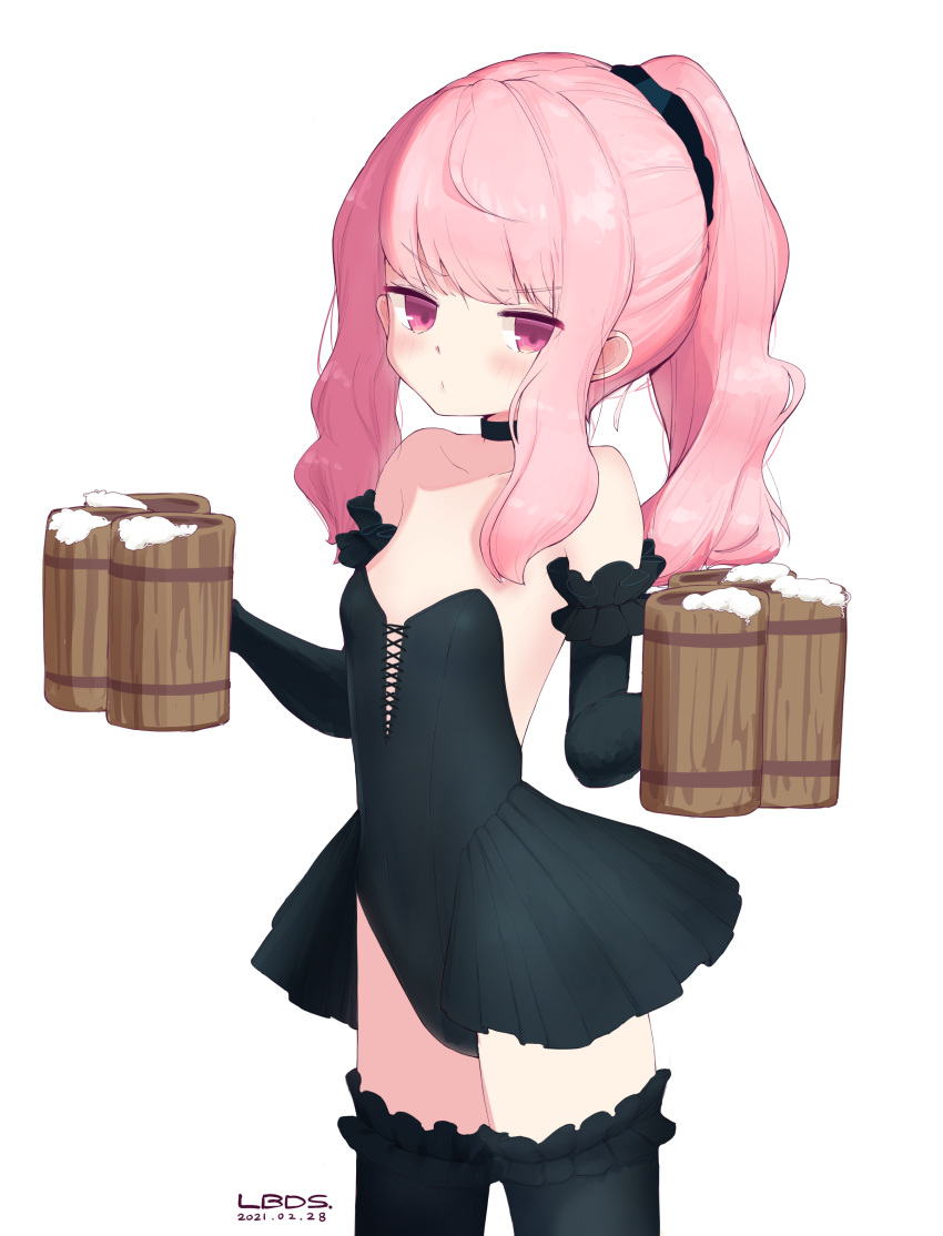 1girl 2021 absurdres alcohol artist_name bare_shoulders beer black_gloves black_legwear black_leotard black_skirt blush breasts choker cup dated elbow_gloves gloves highres holding lbds leotard long_hair louise_francoise_le_blanc_de_la_valliere mug pink_eyes pink_hair ponytail showgirl_skirt simple_background skirt small_breasts solo strapless strapless_leotard thigh-highs waitress white_background zero_no_tsukaima