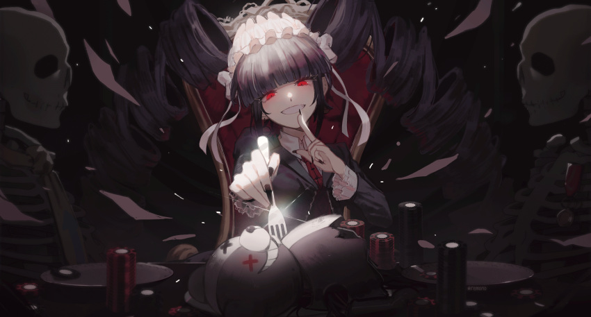 1girl absurdres artist_name bangs black_hair black_nails blunt_bangs bonnet celestia_ludenberg collared_shirt dangan_ronpa:_trigger_happy_havoc dangan_ronpa_(series) drill_hair english_commentary finger_to_mouth fork frills gothic_lolita grin hairband highres holding holding_fork jacket jewelry lolita_fashion long_hair long_sleeves looking_at_viewer monokuma nail_polish necktie outstretched_arm plate poker_chip print_neckwear red_eyes red_neckwear remonoart shirt skeleton skull smile solo teeth twin_drills twintails upper_body white_shirt