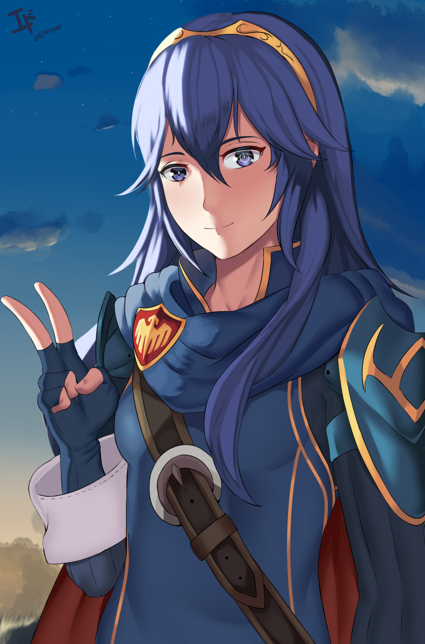 1girl absurdres arcedo bangs blue_eyes blue_hair blue_sky cape closed_mouth emblem fingerless_gloves fire_emblem fire_emblem_awakening gloves hair_between_eyes high_collar highres long_hair looking_at_viewer lucina_(fire_emblem) scarf sky smile solo tiara v