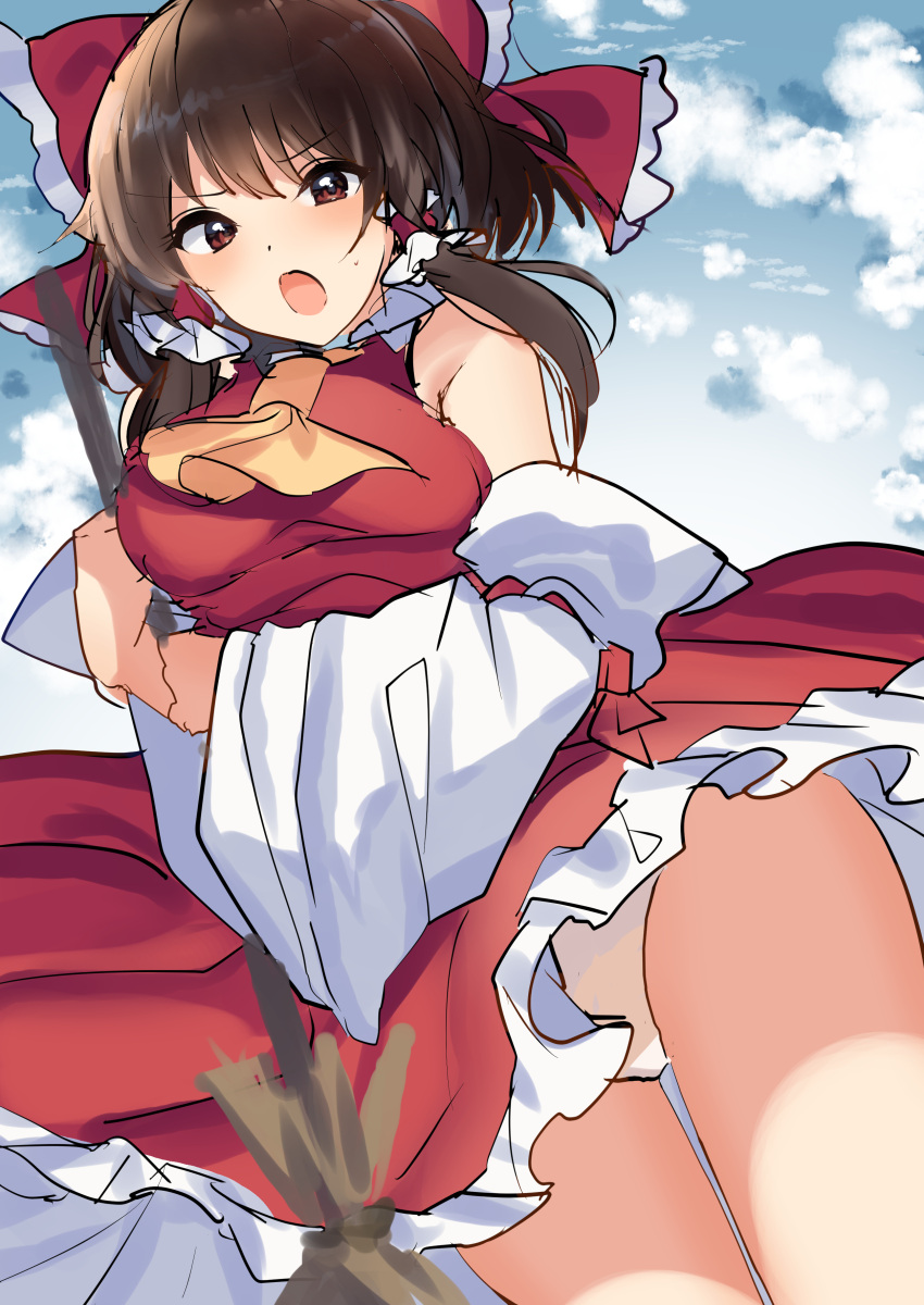 1girl absurdres ascot blue_sky blush bow breasts broom brown_hair clouds cloudy_sky commentary cowboy_shot detached_sleeves eyebrows_visible_through_hair hair_bow hair_tubes hakurei_reimu highres holding holding_broom kozomezuki looking_at_viewer medium_breasts medium_hair open_mouth panties pantyshot red_bow red_eyes red_shirt red_skirt scowl shirt sidelocks sketch skirt skirt_set sky solo sweatdrop thighs touhou underwear white_panties wide_sleeves wind yellow_neckwear