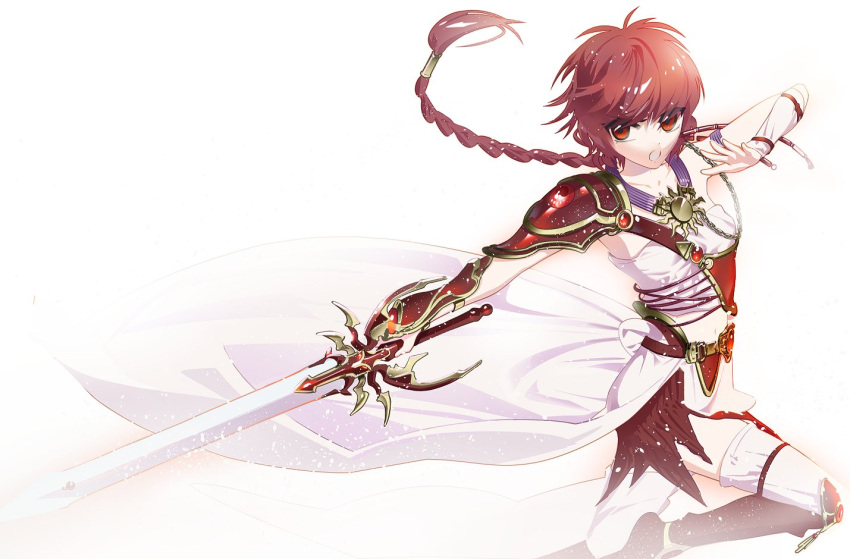 1girl armor braid cape ffffcoffee long_hair magic_knight_rayearth pose red_eyes redhead shidou_hikaru simple_background single_braid skirt solo standing standing_on_one_leg sword thigh-highs weapon white_background