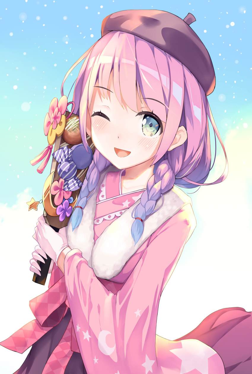 1girl ;d beret blush braid cowboy_shot fur_scarf furisode gloves gradient_hair green_eyes hair_over_shoulder hat highres himemori_luna hololive japanese_clothes kimono long_hair looking_at_viewer mogmog multicolored_hair new_year official_alternate_costume one_eye_closed open_mouth pink_hair pink_kimono purple_hair shirt smile solo twin_braids virtual_youtuber white_gloves white_shirt