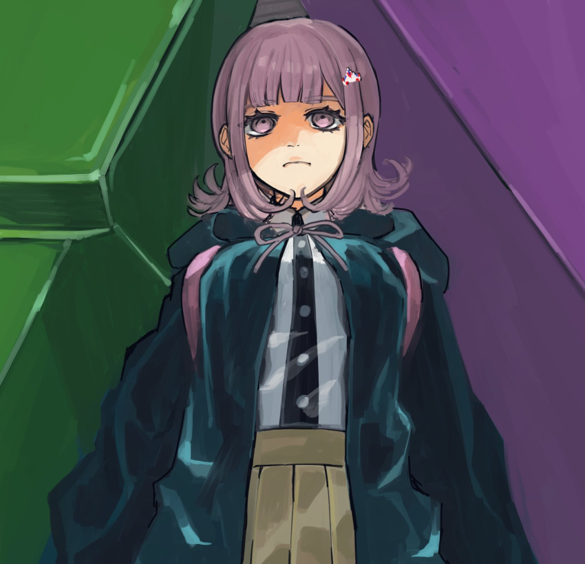 1girl bangs black_shirt blunt_bangs breasts brown_skirt dangan_ronpa_(series) dangan_ronpa_2:_goodbye_despair dress_shirt expressionless flipped_hair from_below hair_ornament hairclip highres hood hooded_jacket jacket medium_breasts medium_hair nanami_chiaki pink_eyes pink_hair pleated_skirt ribbon shima_(aoshima40) shirt shirt_tucked_in skirt solo spaceship_hair_ornament spoilers standing symbol_commentary white_shirt