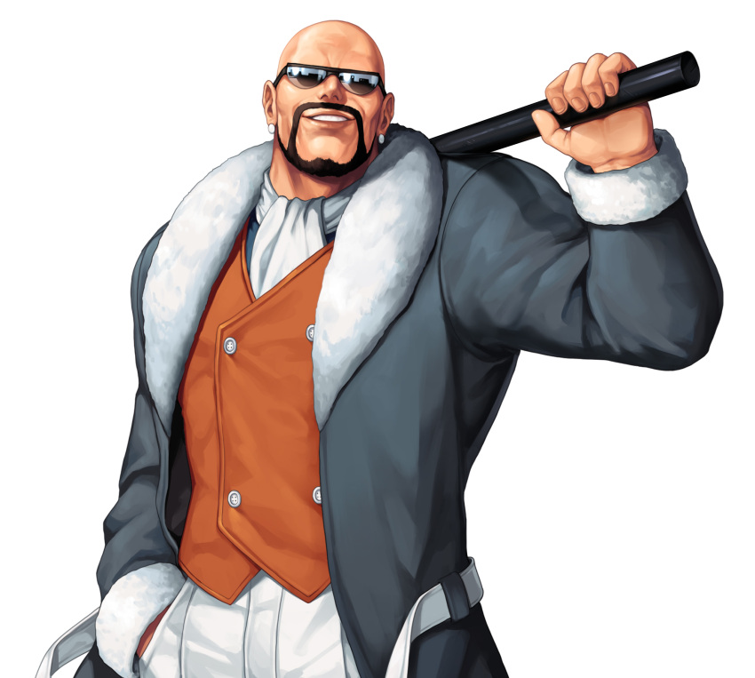 1boy bald beard black-framed_eyewear brown_vest coat commentary_request cowboy_shot cravat earrings evilgun facial_hair fur-trimmed_coat fur_trim grey_coat grin hand_in_pocket highres holding holding_stick holding_weapon jewelry lips long_sleeves looking_at_viewer male_focus mr_big_(snk) mustache open_clothes open_coat over_shoulder pants ryuuko_no_ken simple_background smile solo standing stick sunglasses teeth the_king_of_fighters the_king_of_fighters_'96 vest weapon weapon_over_shoulder white_background white_pants