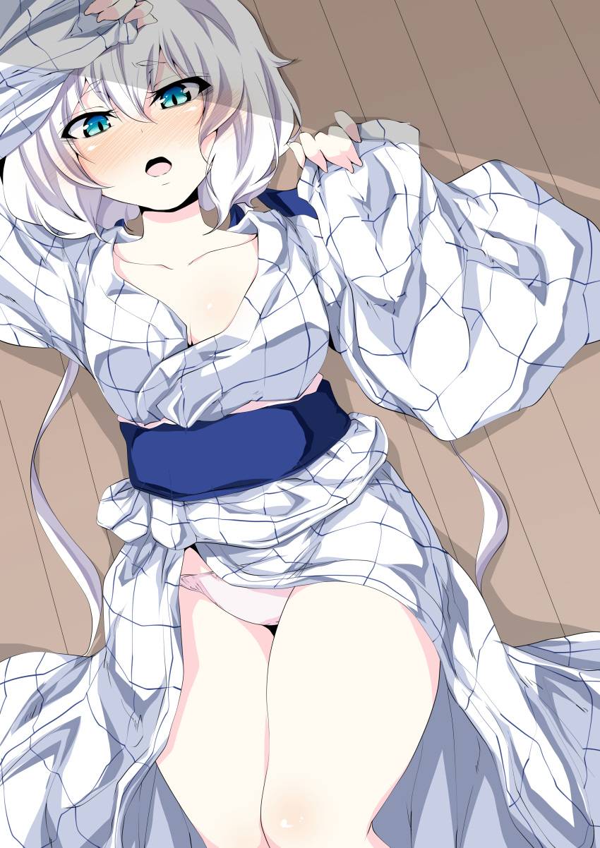 1girl absurdres blue_eyes blush commentary_request highres japanese_clothes kimono konno_junko long_hair looking_at_viewer low_twintails lying ma-yu obi on_back open_mouth panties pink_panties plaid_kimono sash sleeves_past_wrists solo thighs twintails underwear white_hair wide_sleeves wooden_floor zombie_land_saga