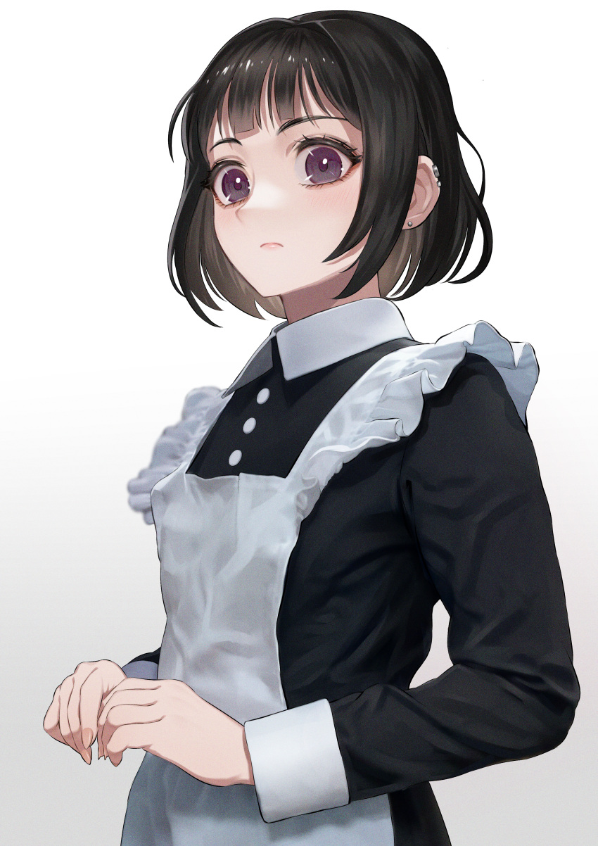 1girl absurdres apron bangs black_dress black_hair blush bob_cut closed_mouth commentary_request cowboy_shot dress earrings ebinomi frilled_apron frills highres huge_filesize jewelry long_sleeves looking_at_viewer maid maid_apron original short_hair simple_background solo stud_earrings upper_body violet_eyes white_apron white_background