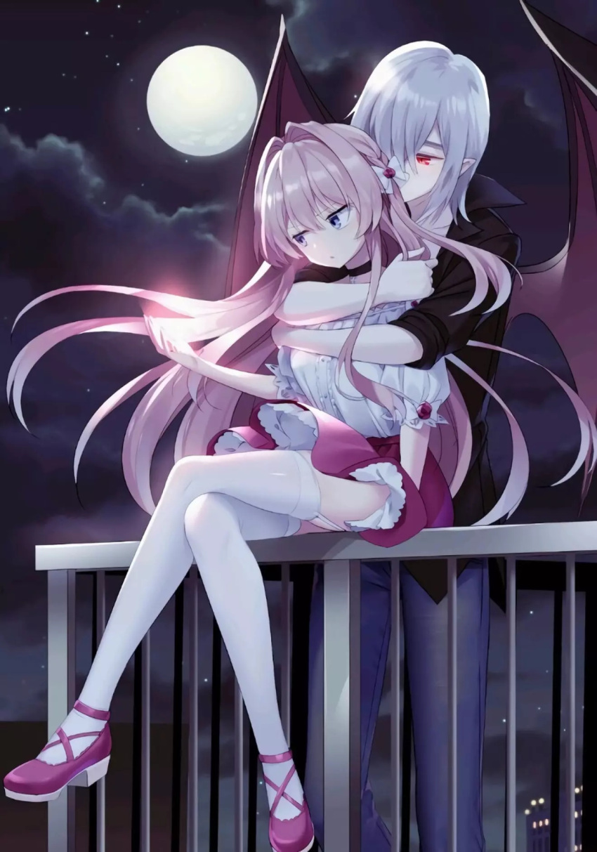 1boy 1girl artist_request blue_eyes bow choker closed_mouth clouds copyright_request cross-laced_footwear crossed_legs dress frilled_dress frills full_moon garter_straps hair_bow highres hime_cut hug long_hair looking_to_the_side magical_girl moon night night_sky outdoors pink_footwear pointy_ears railing red_eyes ribbon_choker rooftop sideways_glance sitting sky standing star_(sky) thigh-highs vampire white_hair white_legwear wings