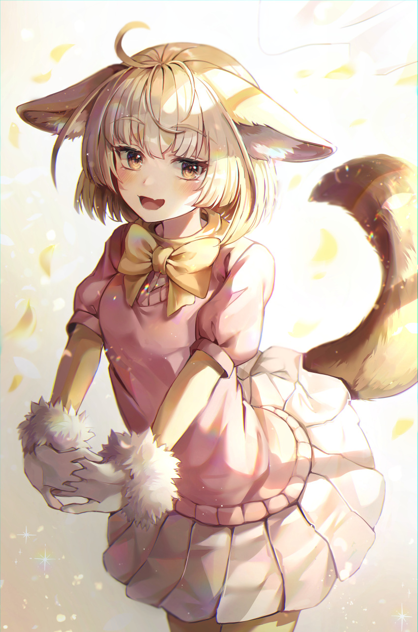 1girl :d absurdres ahoge animal_ear_fluff animal_ears bangs blonde_hair blunt_bangs blush bow bowtie commentary eyebrows_visible_through_hair fang fennec_(kemono_friends) fox_ears fox_girl fox_tail fur-trimmed_gloves fur_trim gloves highres huge_filesize interlocked_fingers kemono_friends kemono_friends_3 looking_at_viewer miniskirt mirage_(rairudiseu) open_mouth pink_sweater short_hair short_sleeve_sweater short_sleeves skin_fang skirt smile solo standing stretch sweater tail white_gloves white_skirt yellow_eyes yellow_neckwear