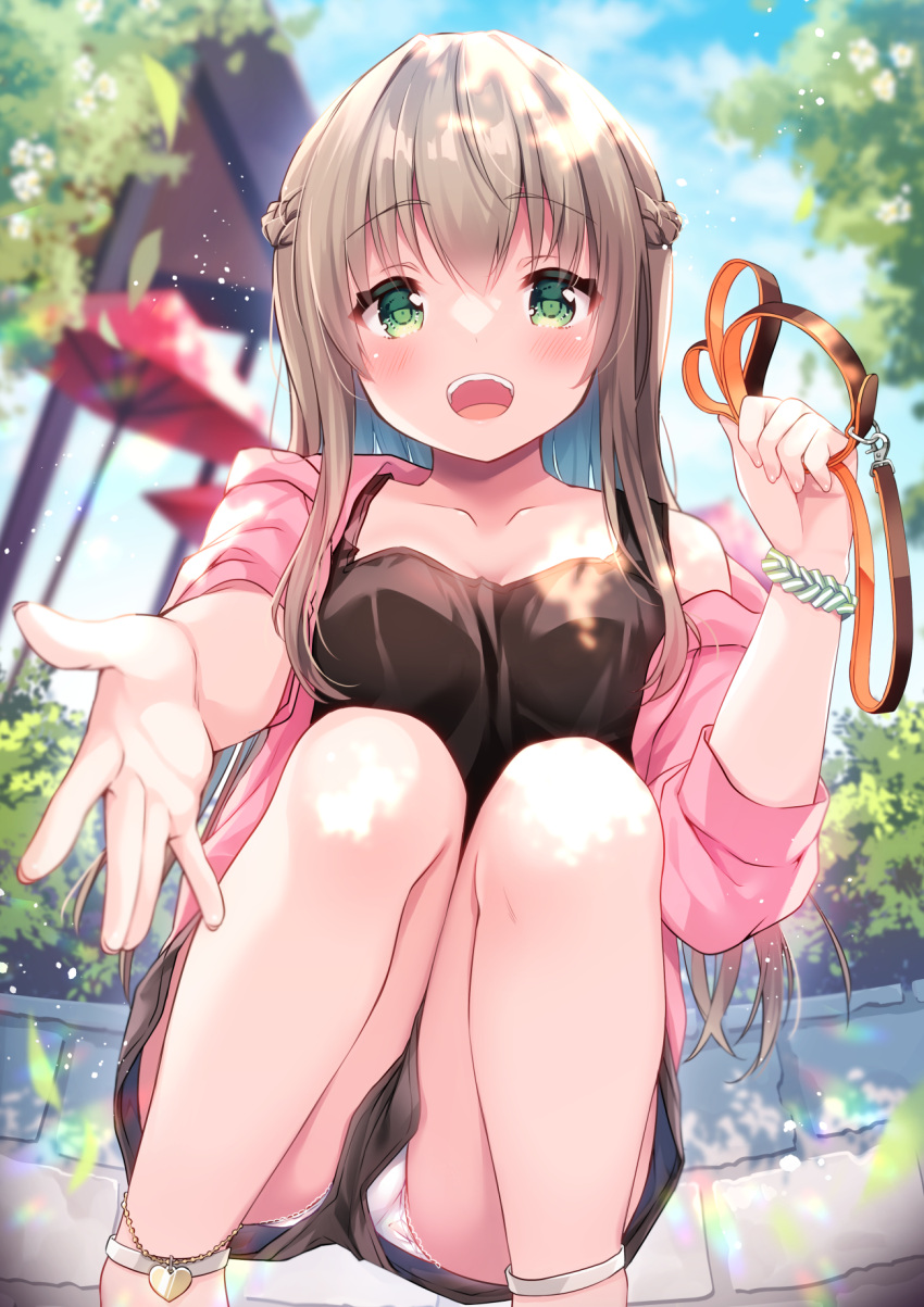1girl :d bangs black_shorts black_tank_top blurry blurry_background blush braid breasts brown_hair collar collarbone commentary_request day depth_of_field eyebrows_visible_through_hair feet_out_of_frame green_eyes hair_between_eyes heart highres holding holding_leash irori jacket leash long_hair medium_breasts moe2021 off_shoulder open_clothes open_jacket open_mouth original outdoors outstretched_arm panties pantyshot pink_jacket short_shorts shorts smile solo squatting tank_top underwear very_long_hair white_panties