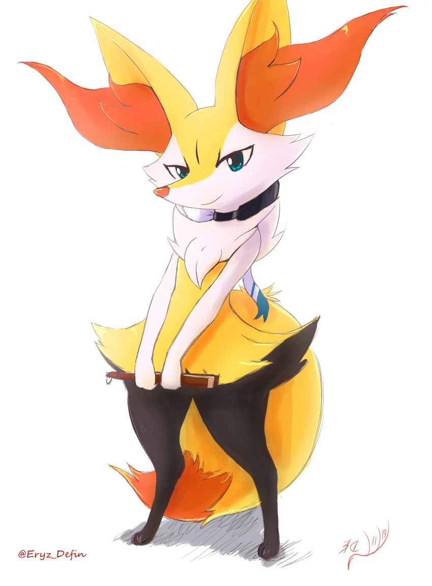 1girl absurdres alternate_eye_color animal_ear_fluff animal_ears animal_nose artist_name back_bow black_choker black_fur blue_eyes body_fur bow braixen choker closed_mouth commentary english_commentary eryz fan flat_chest folding_fan fox_ears fox_girl fox_tail full_body furry gen_6_pokemon happy highres holding holding_fan looking_at_viewer multicolored_bow paws pokemon pokemon_(creature) sideways_mouth signature simple_background sketch smile snout solo standing tail white_background white_fur yellow_fur