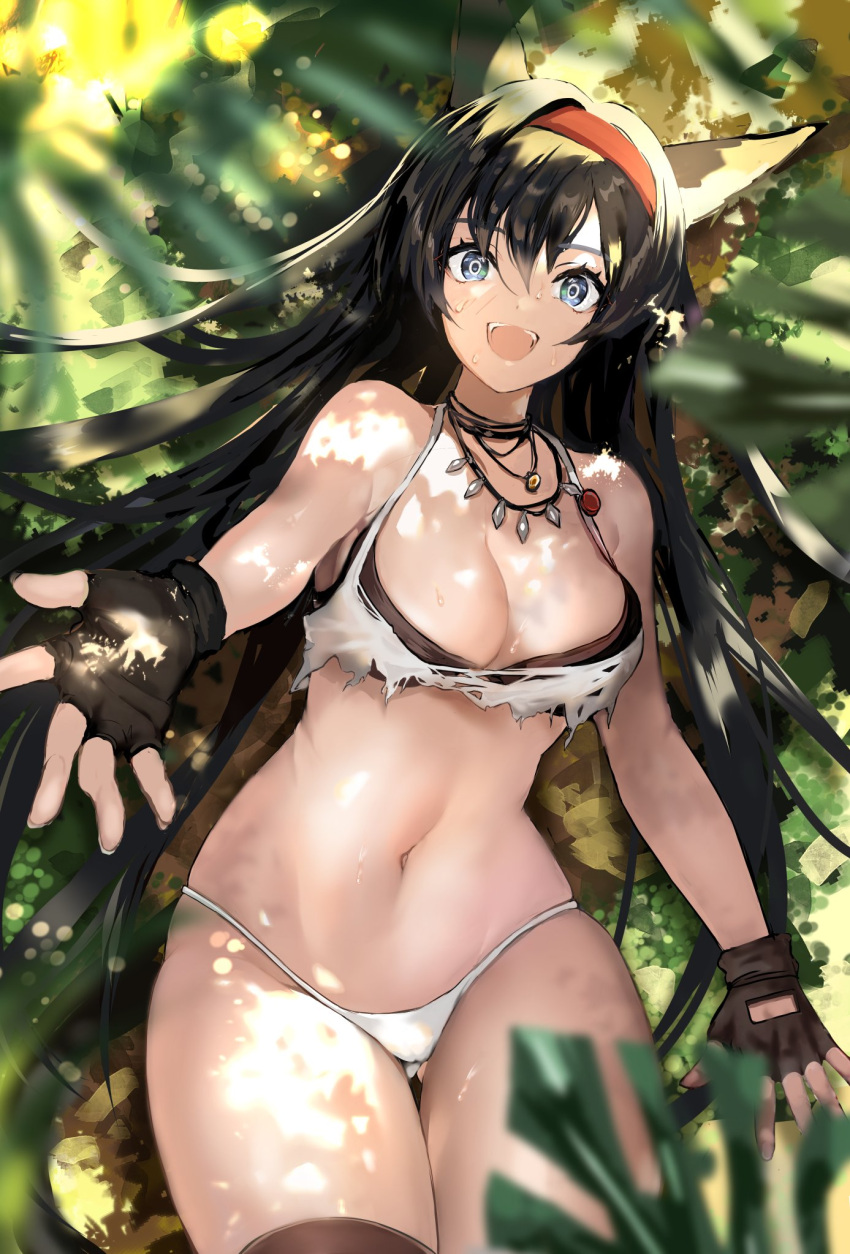 1girl :d animal_ears arknights bikini black_gloves black_hair black_legwear blaze_(arknights) blue_eyes breasts cat_ears cowboy_shot fingerless_gloves gloves hairband highres jewelry jungle large_breasts long_hair looking_at_viewer nature navel necklace open_mouth outstretched_arm plant red_hairband smile solo sweat swimsuit thigh-highs thighs torn_clothes very_long_hair white_bikini yavalley