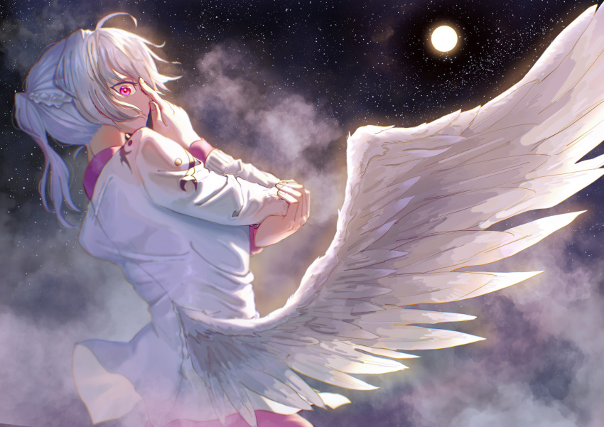 1girl absurdres ahoge arm_rest bangs behind_another beige_jacket blurry braid clouds cowboy_shot depth_of_field dress feathered_wings finger_on_forehead fingernails french_braid from_side gradient_hair grey_wings highres holding_own_arm kishin_sagume long_sleeves looking_at_viewer looking_to_the_side luan_ib moon moonlight multicolored_hair night night_sky pink_eyes ponytail purple_dress reflective_eyes shiny shiny_hair short_hair silver_hair single_wing sky solo star_(sky) starry_sky touhou white_hair white_wings wings