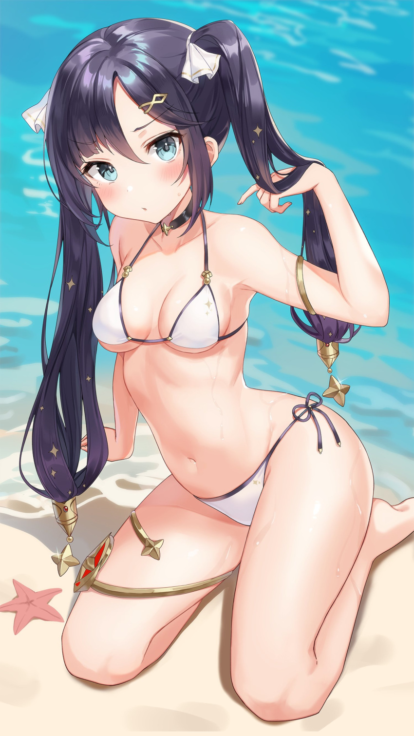 1girl absurdres arm_support arm_up armlet armpits bare_shoulders barefoot beach bikini black_choker black_hair blue_eyes breasts choker collarbone day frown genshin_impact hair_ornament hair_ribbon hairclip halterneck highres kneeling long_hair looking_at_viewer medium_breasts mona_(genshin_impact) navel outdoors parted_lips pn_(wnsl216) ribbon side-tie_bikini solo starfish stomach string_bikini swimsuit thighlet thighs twintails v-shaped_eyebrows water white_bikini