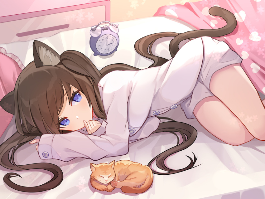 1girl alarm_clock animal animal_ear_fluff animal_ears arm_up bed brown_hair cat cat_ears cat_girl cat_tail clock commentary_request feet_out_of_frame finger_to_mouth frilled_pillow frills hand_up long_hair long_sleeves lying on_bed on_side original pillow rk_(rktorinegi) shirt short_shorts shorts sleeves_past_wrists solo tail twintails very_long_hair white_shirt white_shorts