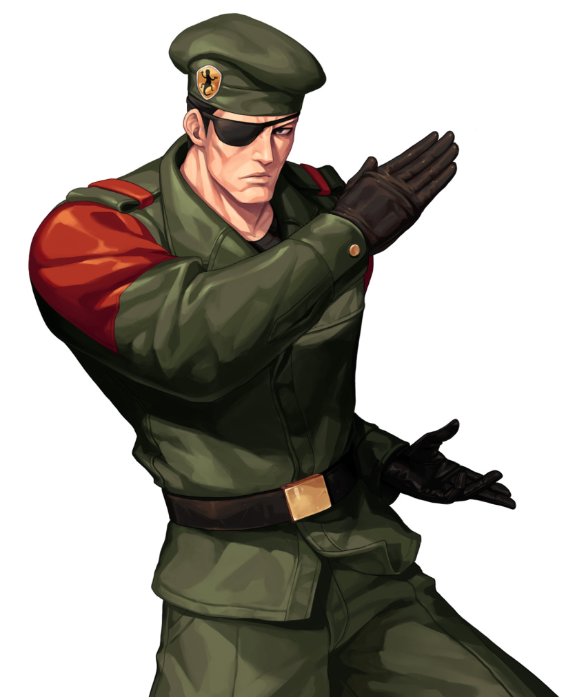 1boy belt beret black_belt black_gloves black_hair blue_eyes commentary_request cowboy_shot emblem evilgun eyepatch fighting_stance gloves green_headwear green_jacket green_pants hat heidern highres jacket lips looking_at_viewer male_focus military military_hat military_jacket military_uniform pants serious short_hair simple_background solo standing the_king_of_fighters the_king_of_fighters_'95 uniform white_background