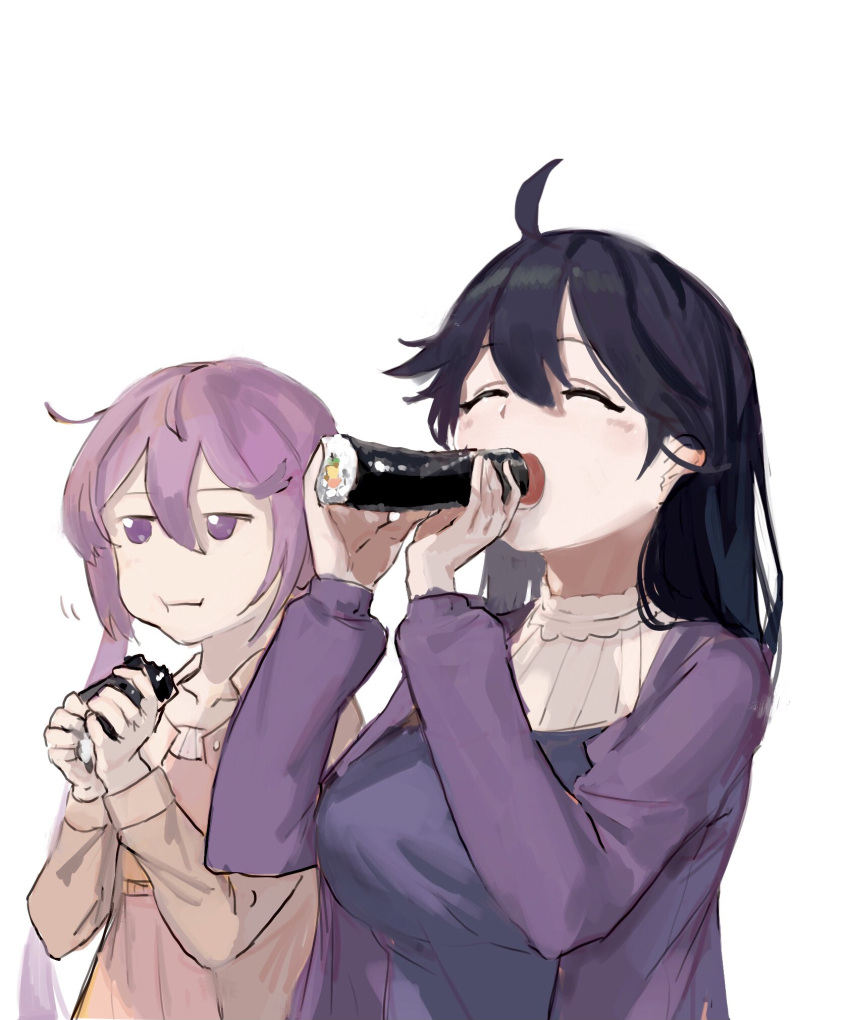 2girls ahoge akebono_(kancolle) bell black_hair brown_coat brown_eyes closed_eyes coat eating ehoumaki flower food hair_bell hair_flower hair_ornament highres jingle_bell kantai_collection long_hair lynchis makizushi multiple_girls negative_space official_alternate_costume purple_coat purple_hair side_ponytail simple_background sushi upper_body ushio_(kancolle) very_long_hair violet_eyes white_background