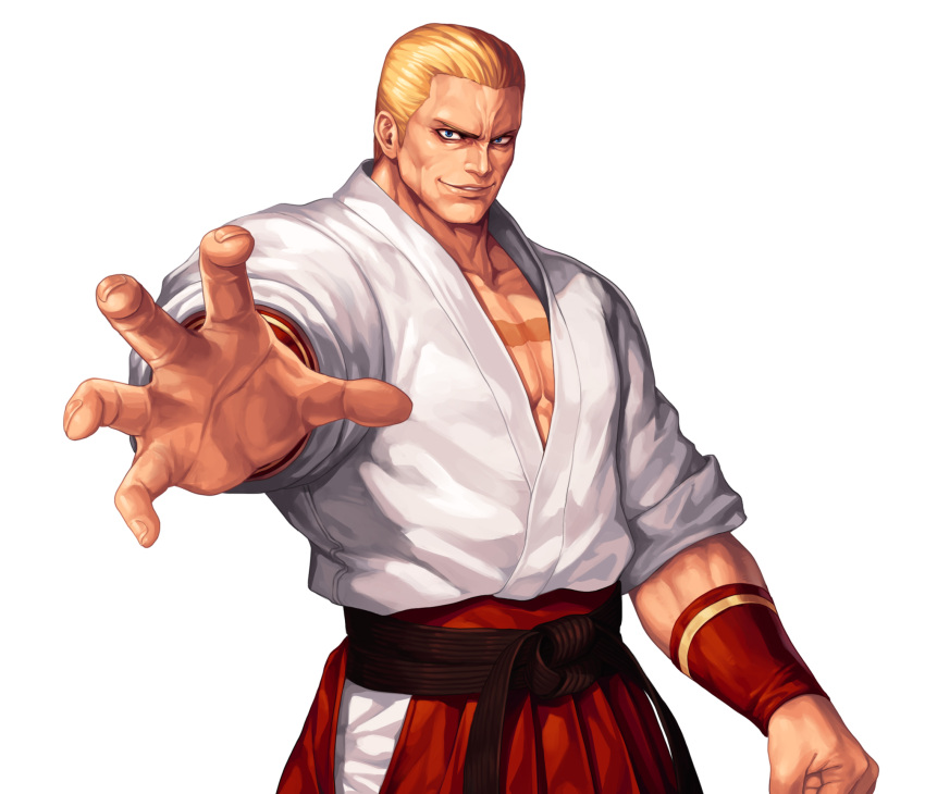 1boy arm_at_side blonde_hair blue_eyes collarbone commentary_request cowboy_shot dougi evilgun fatal_fury fingernails geese_howard hakama highres japanese_clothes looking_at_viewer male_cleavage male_focus outstretched_arm parted_lips pectorals red_hakama short_hair simple_background smile smirk solo standing the_king_of_fighters the_king_of_fighters_'96 white_background
