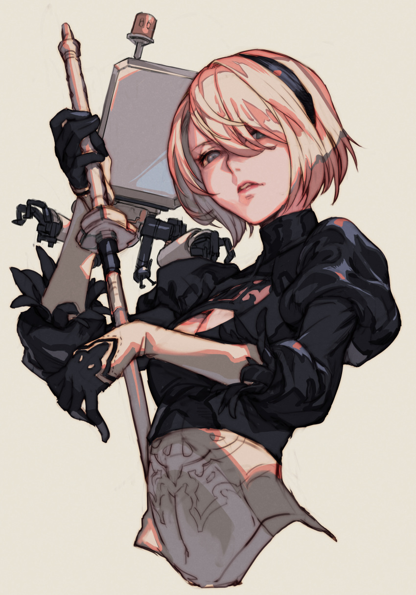 1girl absurdres android blue_eyes cleavage_cutout clothing_cutout gloves hairband hankuri highres holding holding_sword holding_weapon hankuri juliet_sleeves lips long_sleeves looking_at_viewer nier_(series) nier_automata parted_lips pod_(nier_automata) puffy_sleeves robot short_hair simple_background solo sword weapon yorha_no._2_type_b