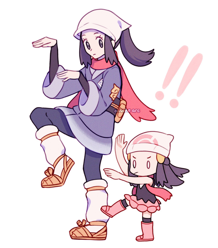 !! 2girls artist_name beanie black_hair boots chibi hikari_(pokemon) female_protagonist_(pokemon_legends:_arceus) hat head_scarf highres japanese_clothes kimono looking_at_another minigirl multiple_girls olivine_arc parody pink_footwear pink_skirt poke_ball_symbol pokemon pokemon_(game) pokemon_bdsp pokemon_legends:_arceus ponytail pose pout red_scarf scarf simple_background skirt sleeveless white_headwear yotsubato! yotsubato!_pose