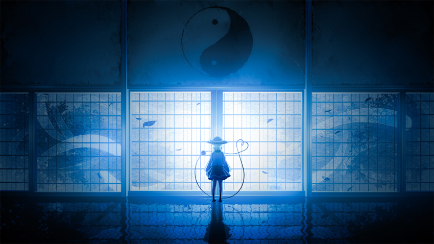 1girl black_headwear blue_theme commentary_request endlesscat facing_away full_body hat hat_ribbon heart heart_of_string highres indoors komeiji_koishi long_sleeves orb reflection ribbon scenery screen short_hair skirt sleeves_past_fingers sleeves_past_wrists solo tagme third_eye touhou wavy_hair yin_yang yin_yang_orb
