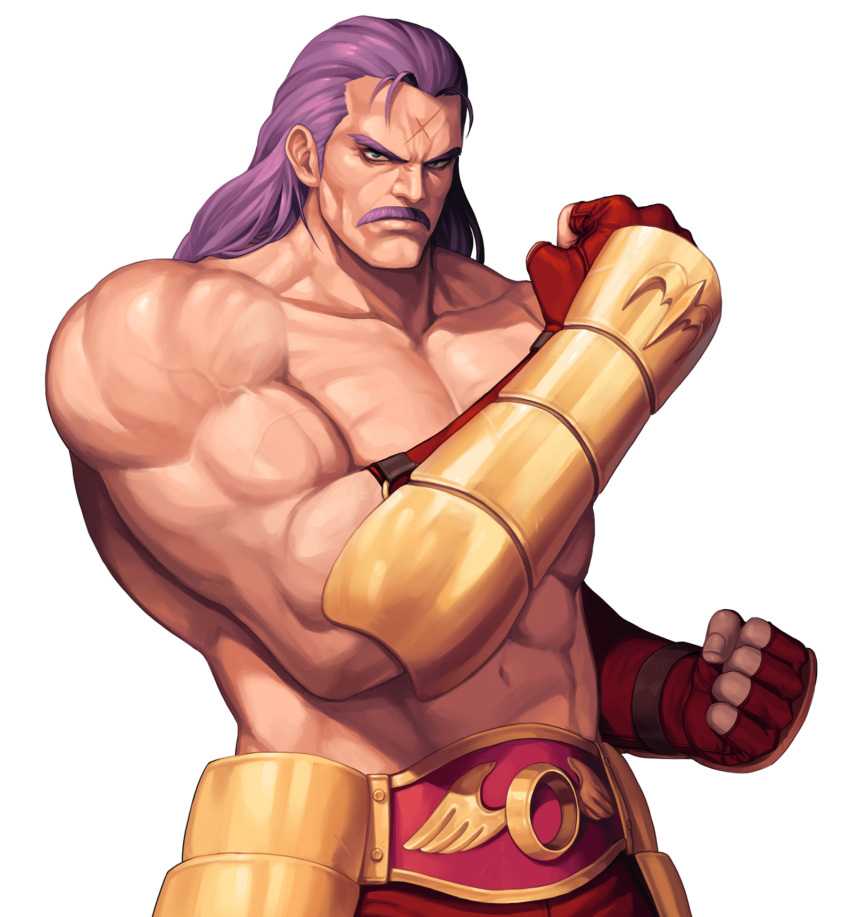 1boy abs arm_guards bare_pecs blue_eyes championship_belt clenched_hands collarbone commentary_request cowboy_shot cross_scar evilgun facial_hair fatal_fury fingerless_gloves fingernails gloves highres long_hair looking_at_viewer male_focus muscular muscular_male mustache navel pectorals purple_hair red_gloves scar scar_on_forehead serious shirtless simple_background solo standing stomach the_king_of_fighters the_king_of_fighters_'96 veins white_background wolfgang_krauser