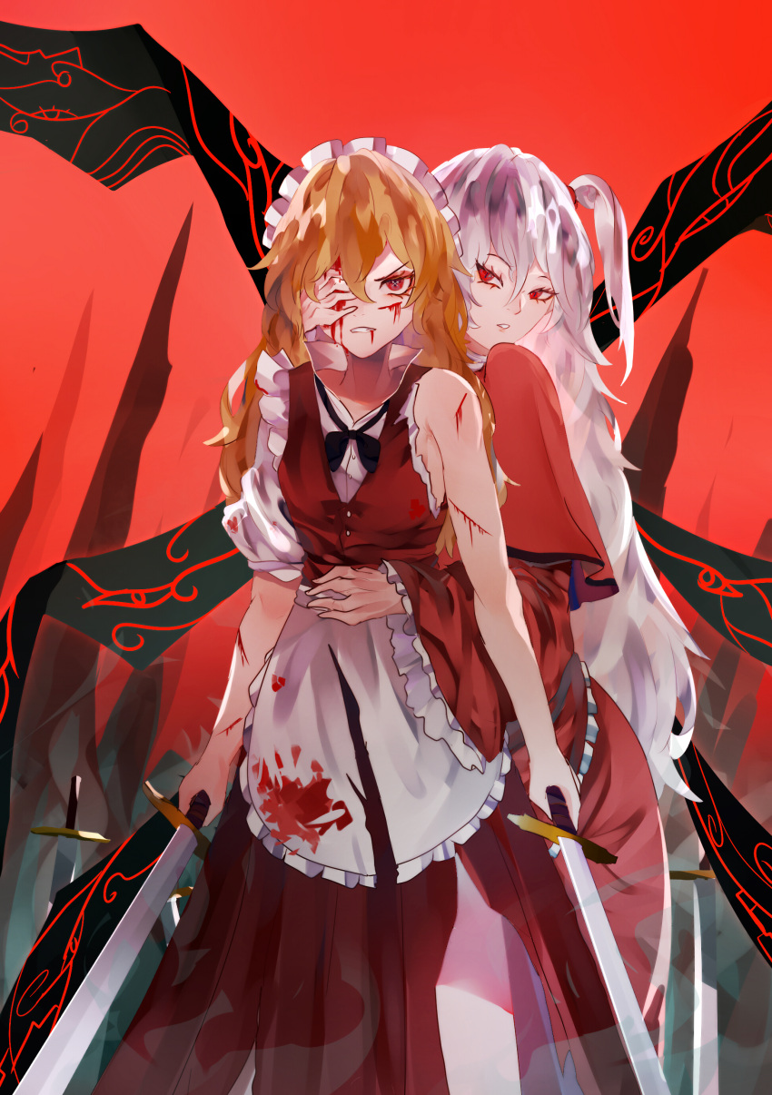 2girls absurdres angry apron bangs black_neckwear blonde_hair blood blood_on_face breasts capelet covering_another's_eye cowboy_shot cuts dress dual_wielding hair_between_eyes hair_bobbles hair_ornament highres holding holding_sword holding_weapon injury long_hair looking_at_another looking_at_viewer maid maid_apron maid_headdress multiple_girls naufaldreamer one_side_up parted_lips red_background red_capelet red_dress red_eyes shinki_(touhou) silver_hair simple_background small_breasts spire standing sword torn_clothes touhou touhou_(pc-98) v-shaped_eyebrows weapon white_apron white_headwear wide_sleeves wings yumeko_(touhou)