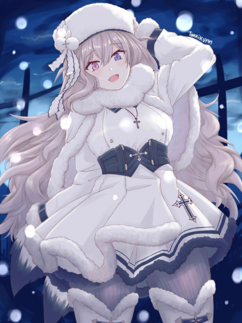 1girl absurdres artist_name azur_lane belt black_belt blue_eyes boots breasts coat cross cross_necklace dress eyebrows_visible_through_hair from_below fur-trimmed_boots fur-trimmed_coat fur-trimmed_collar fur-trimmed_dress fur_trim hand_on_headwear hat heterochromia highres jewelry knee_boots long_hair murmansk_(azur_lane) necklace northern_parliament_(emblem) open_mouth pantyhose papakha platinum_blonde_hair simple_background snowflakes solo standing takkikun violet_eyes white_coat white_dress white_footwear white_headwear