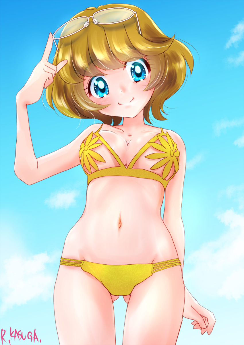 1girl artist_name ass_visible_through_thighs bare_arms bare_shoulders bikini blue_eyes blue_sky blush breasts brown_hair clouds cloudy_sky commentary_request cowboy_shot day eyewear_lift finger_on_eyewear flower_bikini from_below glasses groin highres ichinose_minori kasuga_rurito looking_at_viewer medium_breasts midriff navel outdoors precure short_hair sky smile solo stomach string_bikini swimsuit swimwear tropical-rouge!_precure yellow_bikini