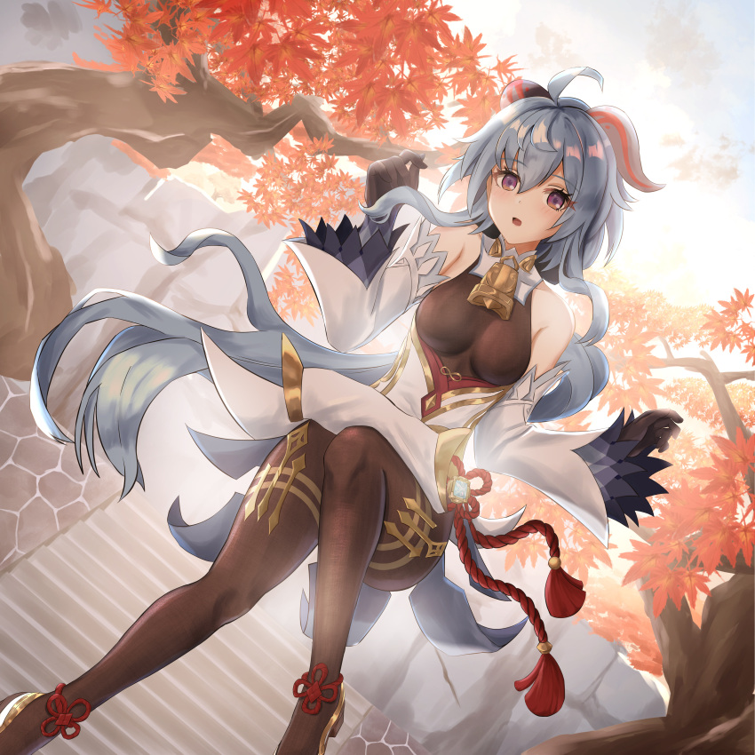 1girl absurdres ahoge autumn_leaves bangs bare_shoulders bell black_gloves black_legwear blue_hair bodystocking breasts cowbell curled_horns detached_collar detached_sleeves eyebrows_visible_through_hair flower_knot full_body ganyu_(genshin_impact) genshin_impact gloves hair_between_eyes hands_up highres horns long_hair long_sleeves looking_at_viewer medium_breasts messy_hair open_mouth pelvic_curtain sidelocks solo stairs tassel tikichin0229 tree violet_eyes wide_sleeves