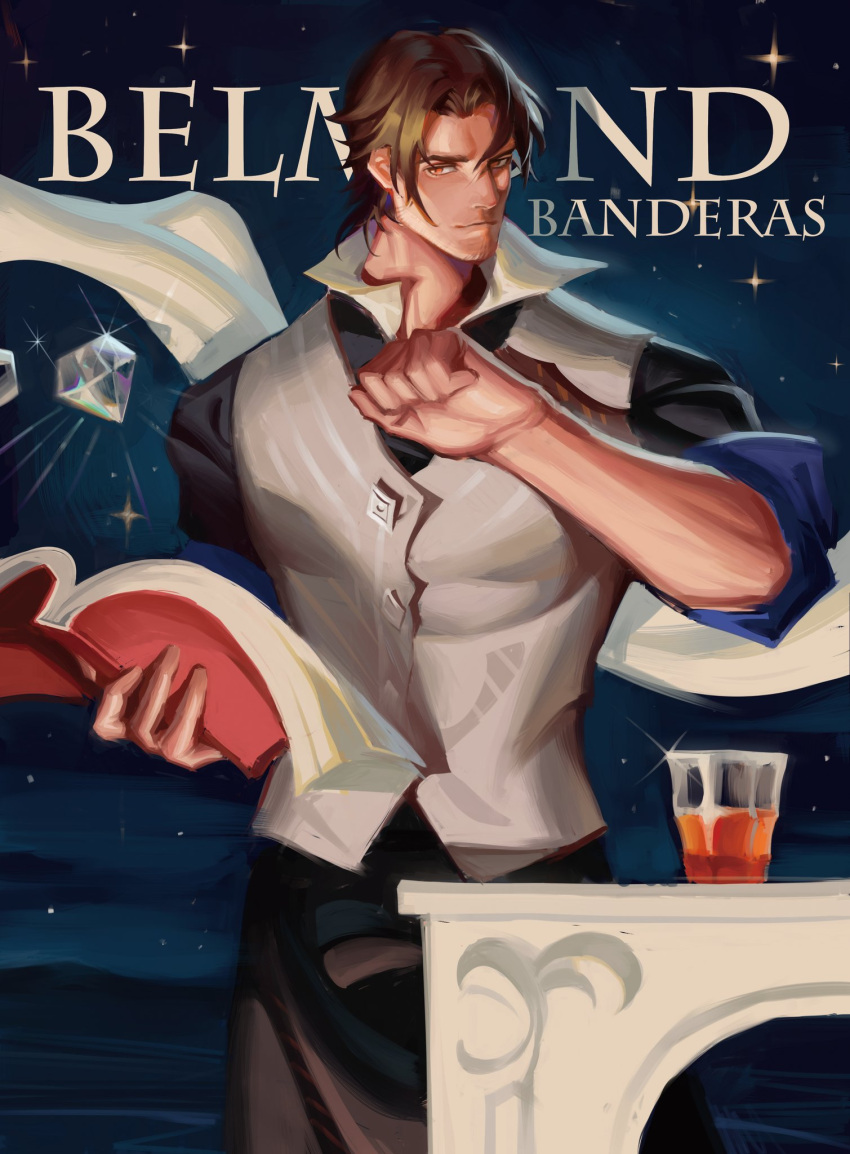 1boy apron bangs belmond_banderas black_apron black_shirt book brown_eyes brown_hair character_name closed_mouth collared_shirt commentary_request cup diamond_(gemstone) drink drinking_glass forehead glint grey_vest hand_up henrryxv highres holding holding_book male_focus nijisanji open_book parted_bangs shirt short_sleeves solo sparkle table thick_eyebrows vest virtual_youtuber waist_apron