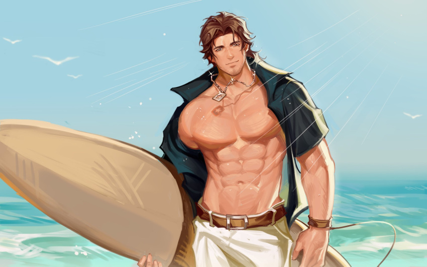 1boy animal belmond_banderas belt belt_buckle bird black_shirt blue_sky brown_belt brown_hair buckle closed_mouth collarbone collared_shirt commentary_request day facial_hair glint henrryxv highres holding holding_surfboard horizon looking_at_viewer male_focus navel nijisanji ocean open_clothes open_shirt outdoors shirt short_sleeves shorts sky smile solo star_(symbol) stubble surfboard thick_eyebrows virtual_youtuber water white_shorts