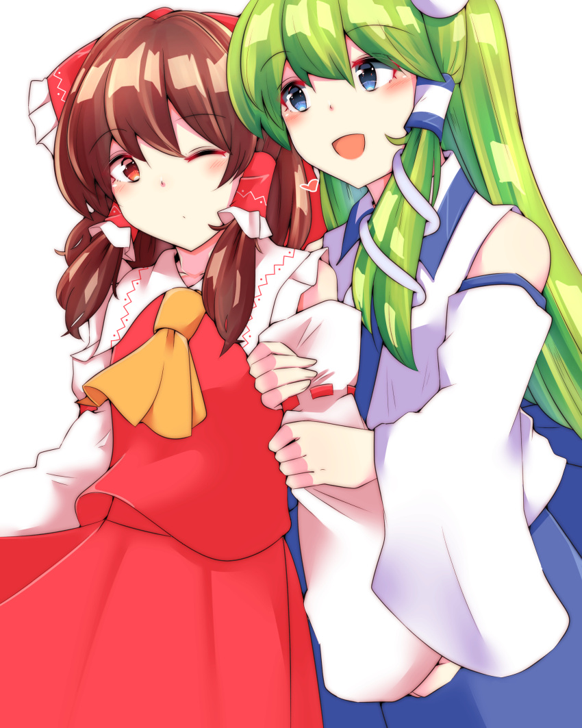 2girls :d absurdres arm_hug ascot bangs bare_shoulders blue_eyes blue_neckwear blue_skirt blush bow brown_hair collar collarbone collared_shirt commentary_request detached_sleeves dress_shirt eyebrows_visible_through_hair frilled_bow frilled_hair_tubes frills frog_hair_ornament green_hair hair_between_eyes hair_bow hair_ornament hair_tubes hakurei_reimu hands_on_another's_arm heart highres kochiya_sanae light_blush long_hair long_skirt looking_at_another mokutan_(link_machine) multiple_girls necktie one_eye_closed open_mouth red_bow red_eyes red_shirt red_skirt shiny shiny_hair shirt skirt sleeveless sleeveless_shirt sleeves_past_wrists smile snake_hair_ornament touhou upper_body white_background white_collar white_shirt yellow_neckwear yuri