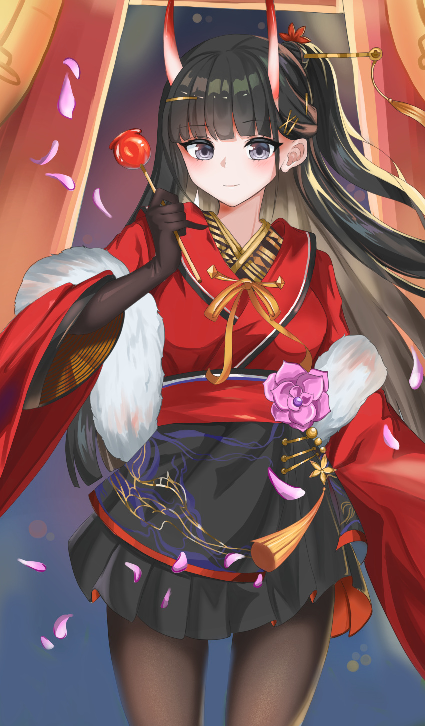 1girl absurdres azur_lane black_eyes black_hair black_skirt brown_gloves brown_legwear cake_walker candy_apple cowboy_shot elbow_gloves feather_boa flower food gloves hair_ornament hairpin highres holding holding_food horns huge_filesize japanese_clothes kimono long_hair looking_at_viewer noshiro_(azur_lane) noshiro_(uncharted_festival_grounds?)_(azur_lane) official_alternate_costume oni_horns pantyhose petals pink_flower red_kimono skirt solo wide_sleeves