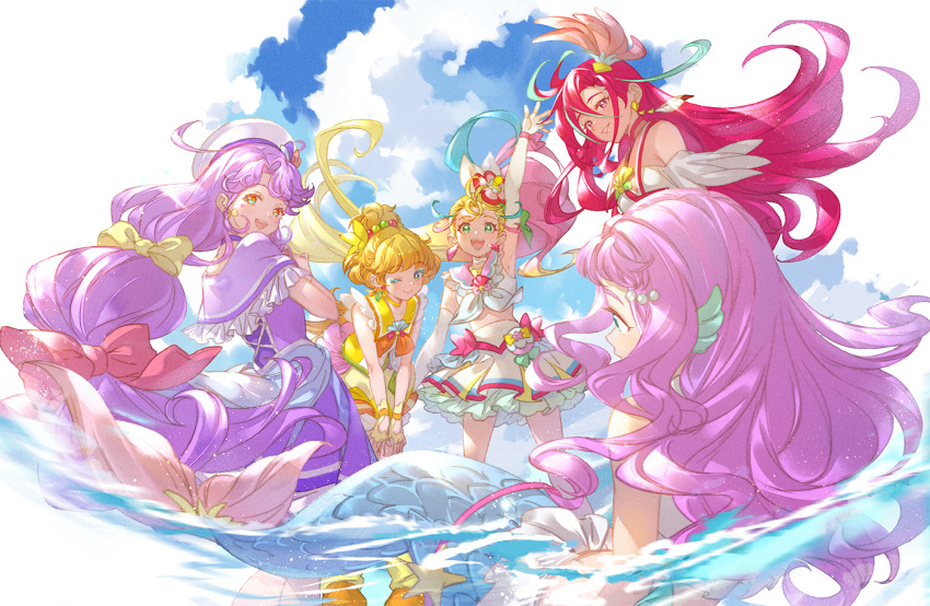 5girls :d ;) arm_up beret blonde_hair blue_eyes blue_sky clouds commentary_request cure_coral cure_flamingo cure_papaya cure_summer day hat hoshi_(xingspresent) ichinose_minori laura_la_mer long_hair looking_at_viewer magical_girl mermaid midriff monster_girl multicolored_hair multiple_girls natsuumi_manatsu one_eye_closed open_mouth partially_submerged pink_hair precure purple_hair red_eyes redhead skirt sky smile suzumura_sango takizawa_asuka tropical-rouge!_precure water white_headwear white_skirt yellow_eyes