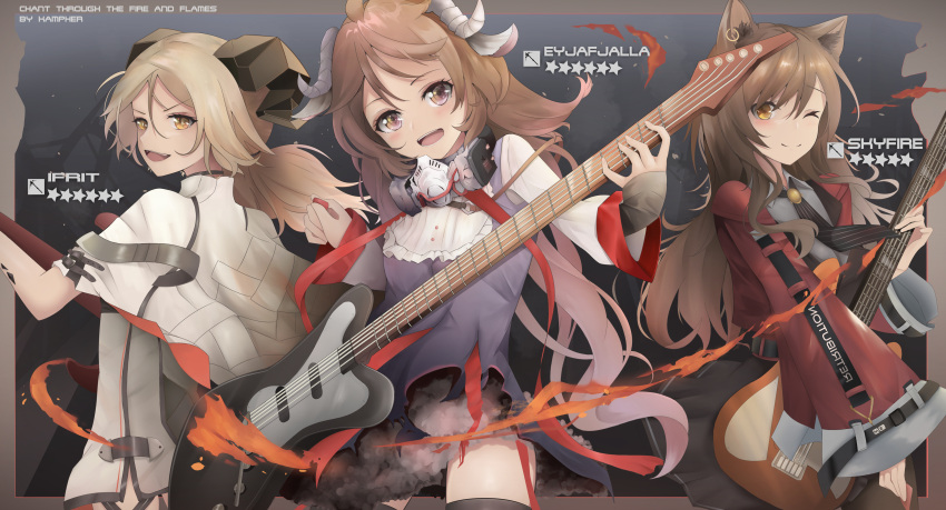 3girls absurdres animal_ears arknights back black_background black_legwear breasts brown_hair cat_ears cat_tail curled_horns dress eyjafjalla_(arknights) gas_mask goat_horns gradient gradient_background gradient_legwear grey_dress guitar highres horns ifrit_(arknights) instrument jacket kampher_(yekxiong) large_tail long_hair long_sleeves looking_at_viewer mask_around_neck medium_breasts multiple_girls one_eye_closed open_mouth oripathy_lesion_(arknights) platinum_blonde_hair red_jacket red_legwear respirator rhine_lab_logo sheep_ears sheep_horns skyfire_(arknights) small_breasts smile tail thigh-highs tied_hair torn_coat
