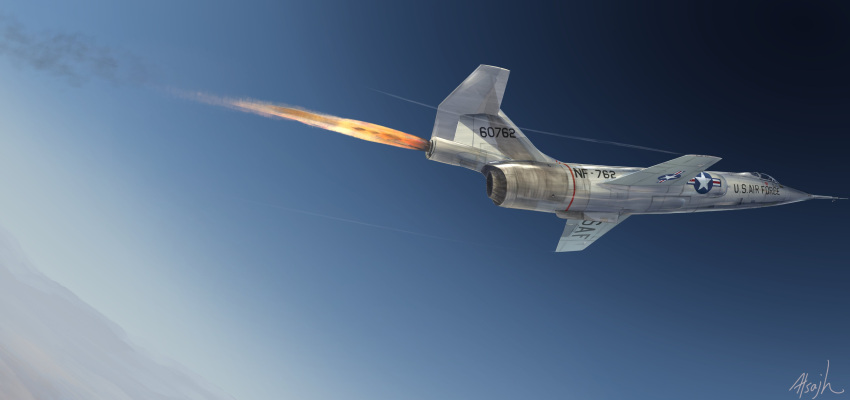 absurdres aircraft airplane atsajh fighter_jet flying from_side highres jet lockheed_martin military military_vehicle nf-104a no_humans rocket_engine smoke solo thrusters united_states_air_force vehicle_focus