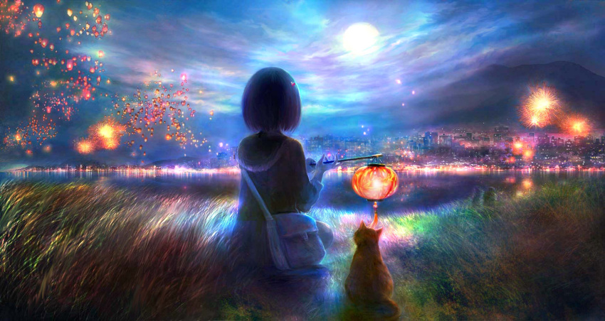 1girl absurdres backlighting bag black_hair blurry bob_cut cat city clouds cloudy_sky colorful dark depth_of_field fireworks fisheye from_behind full_moon grass hair_ornament hands_up highres hill lantern moon moonlight new_year paper_lantern river sailor_collar satchel seiya_hoshiko seiza short_hair sitting sky solo water